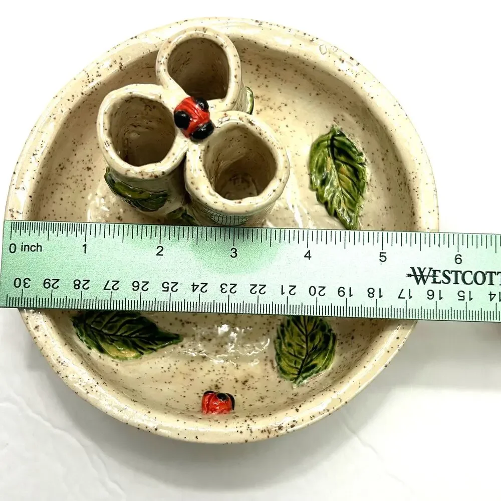 Handmade Ikebana Speckled Glaze Pottery Vase Lady Bugs Leaves Unsigned‎